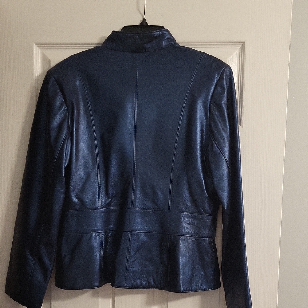 Women's Blue Leather Jacket - Picture 7 of 9